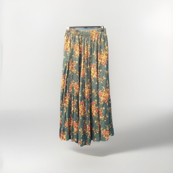 Laura Ashley Vtg Green Floral Pull On Midi Skirt w Pockets Sz M Floral Boho - Picture 2 of 6